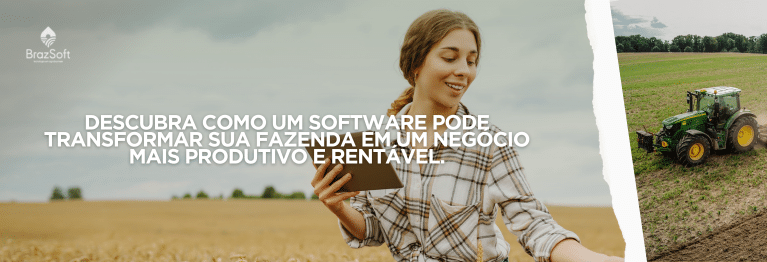 Uma produtora rural com tablet na mão analisando a produção agrícola no meio do campo, ao lado um trator agrícola