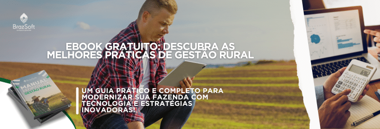 Gestor rural utilizando tablet em campo aberto, analisando dados agrícolas para otimizar a gestão da fazenda, representando a modernização e eficiência no agronegócio. Ao lado um dos nossos Ebook sobre as melhores práticas para gestão rural eficiente