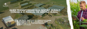 Uma fazenda moderna vista do alto (imagem aérea feita por drone), mostrando plantações organizadas, tratores em movimento e áreas de gestão (como silos ou escritórios rurais).