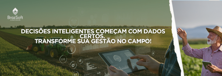 Produtor rural analisa relatórios digitais em tablet com gráficos sobrepostos em cenário de fazenda