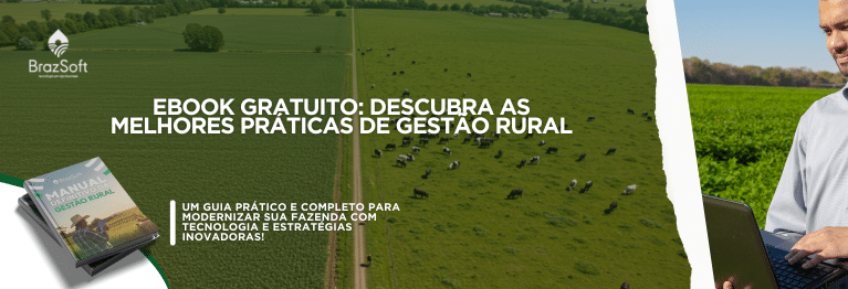 Propriedade rural com lavoura e gado integrados, representando a gestão rural eficiente.