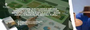 Fazenda com campos cultivados, gado em cercados e máquinas agrícolas estacionadas, enquanto um gestor e um trabalhador conversam sobre as operações.