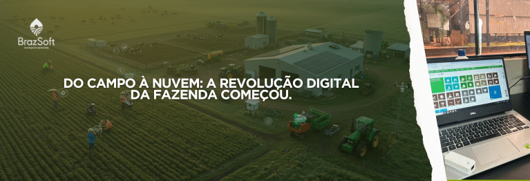 A imagem mostra uma fazenda moderna e digitalizada ao amanhecer, vista de cima. É possível ver áreas de lavoura bem alinhadas, um curral com bois, tratores ao lado de galpões, trabalhadores utilizando tablets e celulares, além de painéis solares no telhado de uma das construções. A cena transmite organização, tecnologia e profissionalismo na rotina rural.