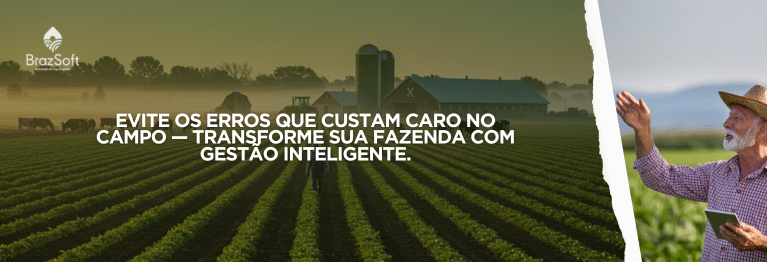 Uma fazenda bem organizada ao amanhecer, mostrando integração entre lavoura e pecuária e uma rotina rural moderna.