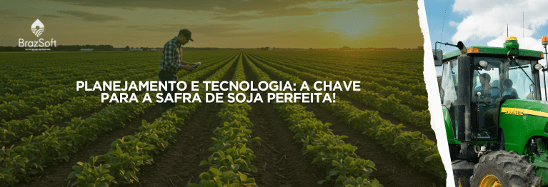  Ao fundo, um vasto campo de soja madura é colhido por uma colheitadeira, transmitindo uma sensação de abundância, eficiência e práticas agrícolas avançadas. A imagem representa a integração tecnológica e a escala da agricultura moderna.