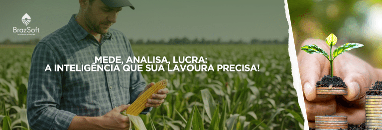 Agricultor em um milharal analisando a qualidade de uma espiga de milho, representando o acompanhamento do desempenho da cultura.