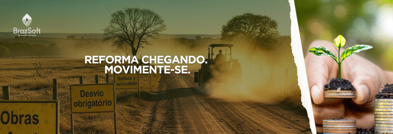 Trator seguindo por uma estrada rural de terra com poeira ao redor, enquanto placas de aviso como “Obras à frente”, “Desvio obrigatório” e “Reduza a velocidade” aparecem na beira da estrada, simbolizando as mudanças da Reforma Tributária.