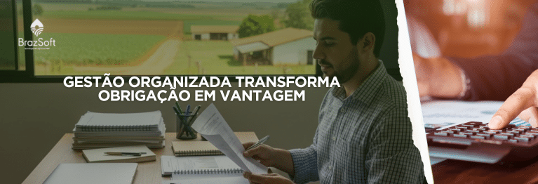 Produtor rural organizando documentos financeiros e fiscais em ambiente de trabalho, representando planejamento tributário e gestão financeira no agronegócio em 2026.