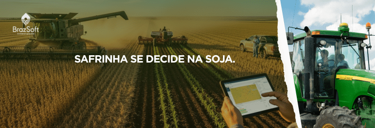 Máquina colhendo soja em uma fazenda brasileira ao entardecer enquanto outra área já é preparada para o plantio do milho safrinha. Um produtor acompanha dados da lavoura em tempo real pelo tablet, representando a integração entre gestão, tecnologia e tomada de decisão no campo.