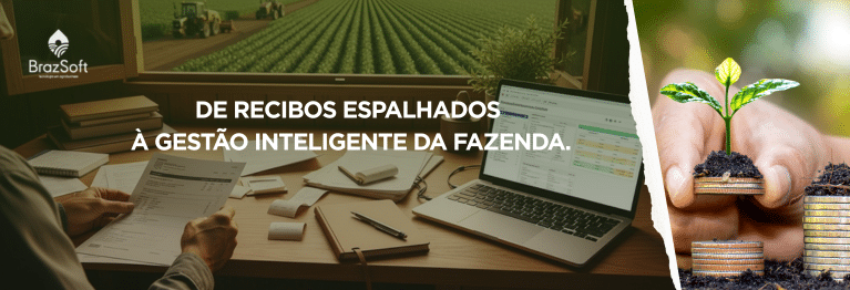 Produtor rural organizando documentos financeiros ao lado de um laptop com sistema de gestão agrícola em uma fazenda