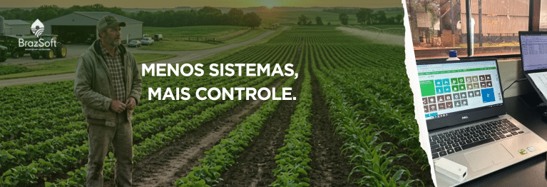Produtor rural observando lavoura organizada com máquinas, silos e plantação ao amanhecer