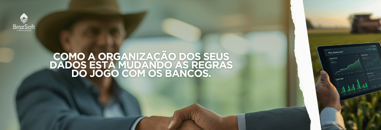 Reunião entre produtor rural e gerente bancário discutindo crédito rural e gestão financeira.