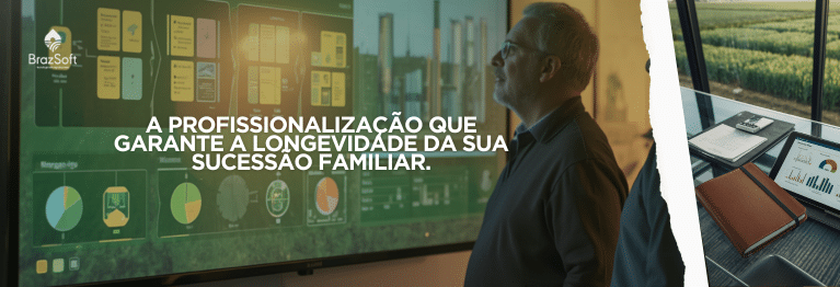 Gestor sênior e sucessor analisando dados de gestão em escritório agrícola moderno.