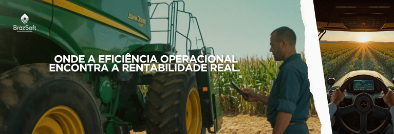 Gestor agrícola monitorando indicadores de custo dentro de trator moderno durante a colheita de soja.
