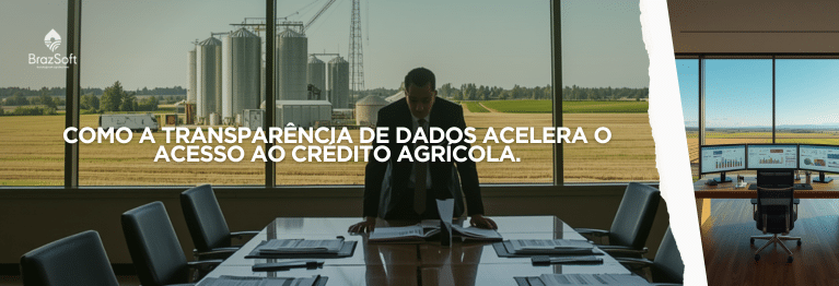 Gestor rural revisando relatórios financeiros e de crédito agrícola em ambiente corporativo de fazenda.