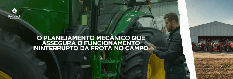 Mecânico especializado realizando revisão preventiva em motor de trator moderno dentro de galpão de fazenda.