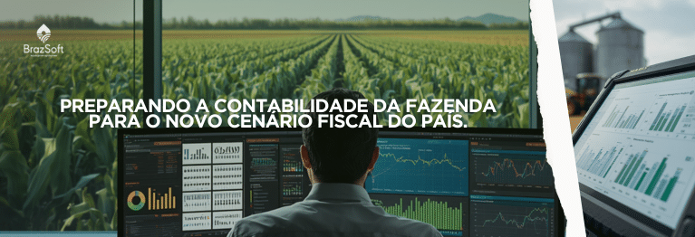 Gestor agrícola analisando relatórios fiscais e projeções tributárias em escritório moderno de fazenda.
