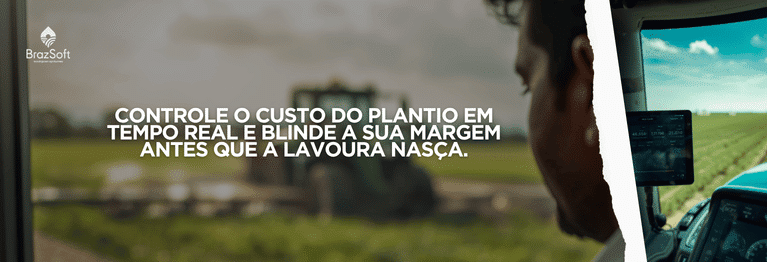 Gestor agrônomo visualizando dados de custos de sementes e adubos no tablet com plantadeira ao fundo.