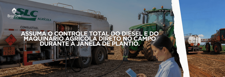 Tela de smartphone exibindo indicadores de consumo de diesel e horímetro dentro da cabine do trator.